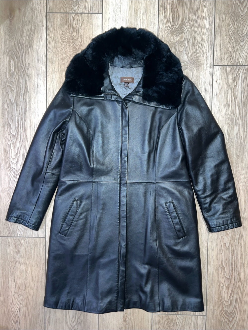 Danier Black Leather Coat with Plush Rabbit Fur Collar